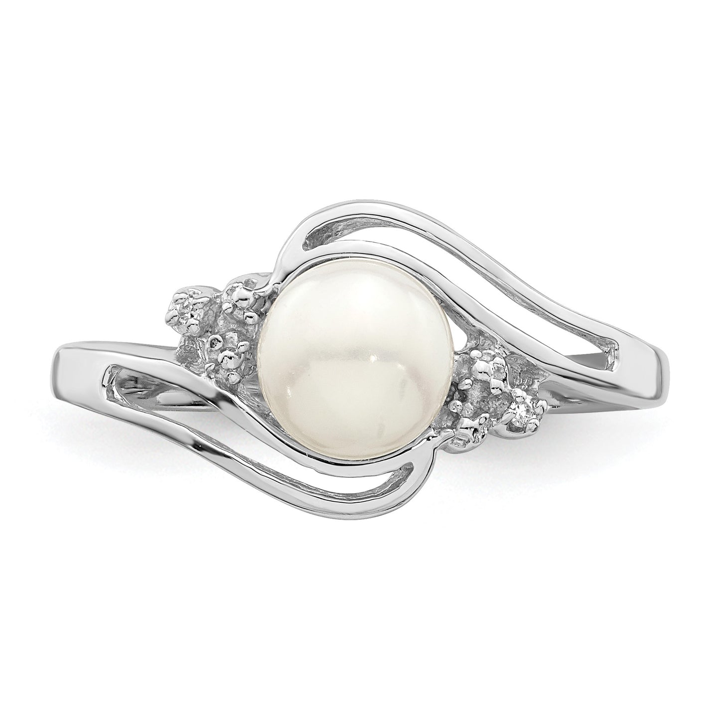 Sterling Silver Rhodium 6mm FW Cultured Button Pearl & Diamond Ring