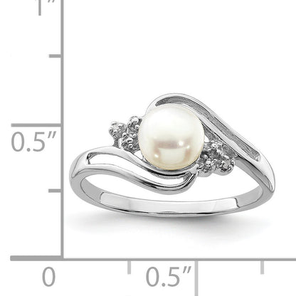 Sterling Silver Rhodium 6mm FW Cultured Button Pearl & Diamond Ring