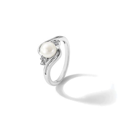 Sterling Silver Rhodium 6mm FW Cultured Button Pearl & Diamond Ring