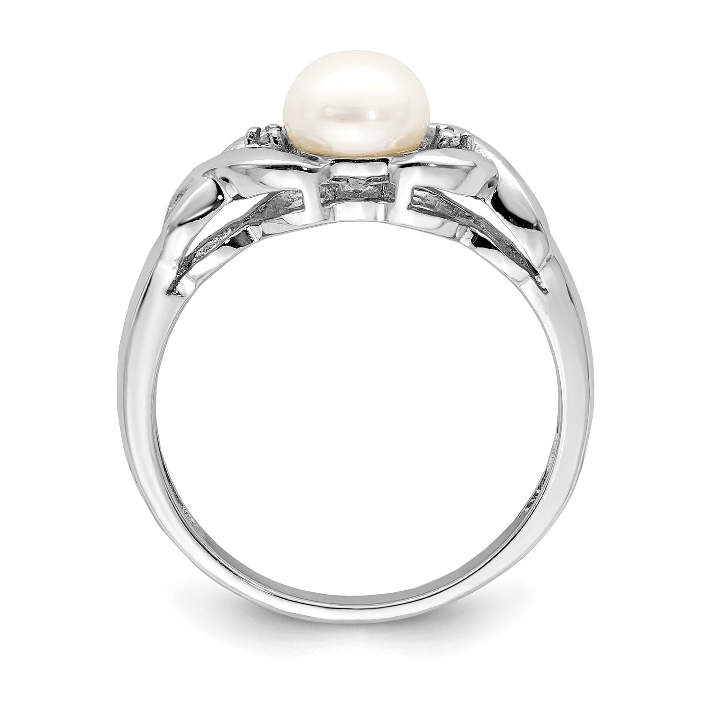 Sterling Silver Rhodium FW Cultured Button Pearl & Diamond Ring