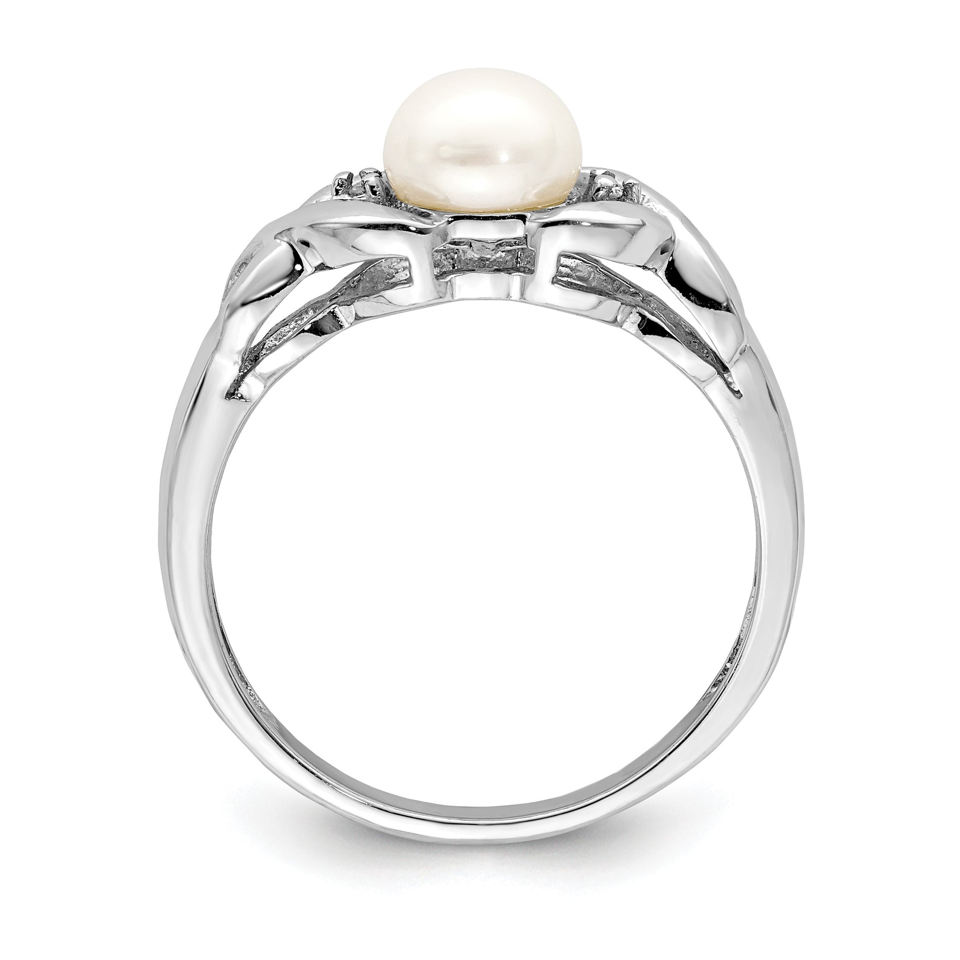 Sterling Silver Rhodium FW Cultured Button Pearl & Diamond Ring