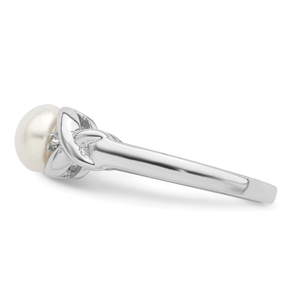 Sterling Silver Rhodium FW Cultured Button Pearl & Diamond Ring