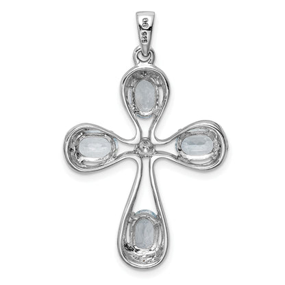 Sterling Silver Rhodium-plated Aquamarine & Diamond Cross Pendant