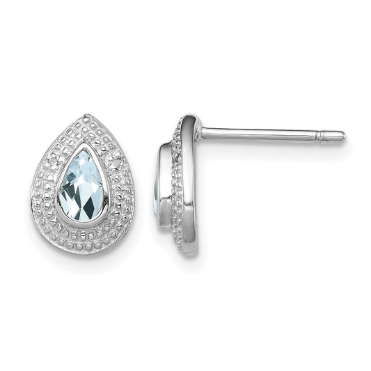 Sterling Silver Rhodium Aqua & Diamond Post Earrings