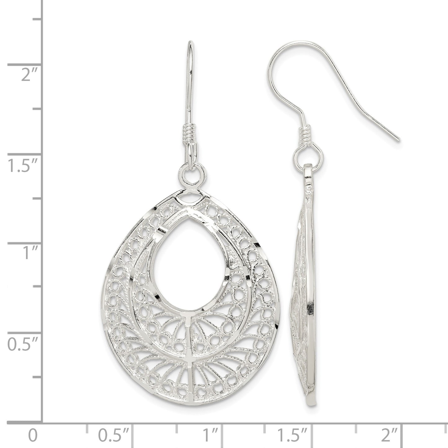 Sterling Silver Polished Textured D/C Filigree Teardrop Dangle Earrings