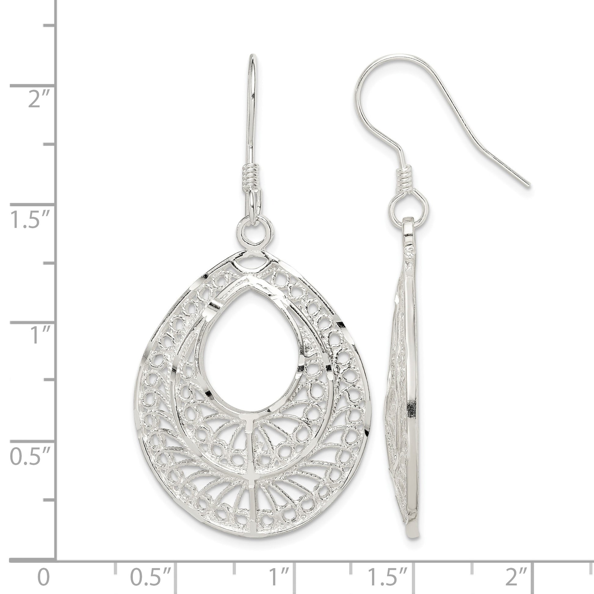 Sterling Silver Polished Textured D/C Filigree Teardrop Dangle Earrings