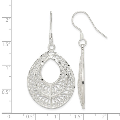 Sterling Silver Polished Textured D/C Filigree Teardrop Dangle Earrings