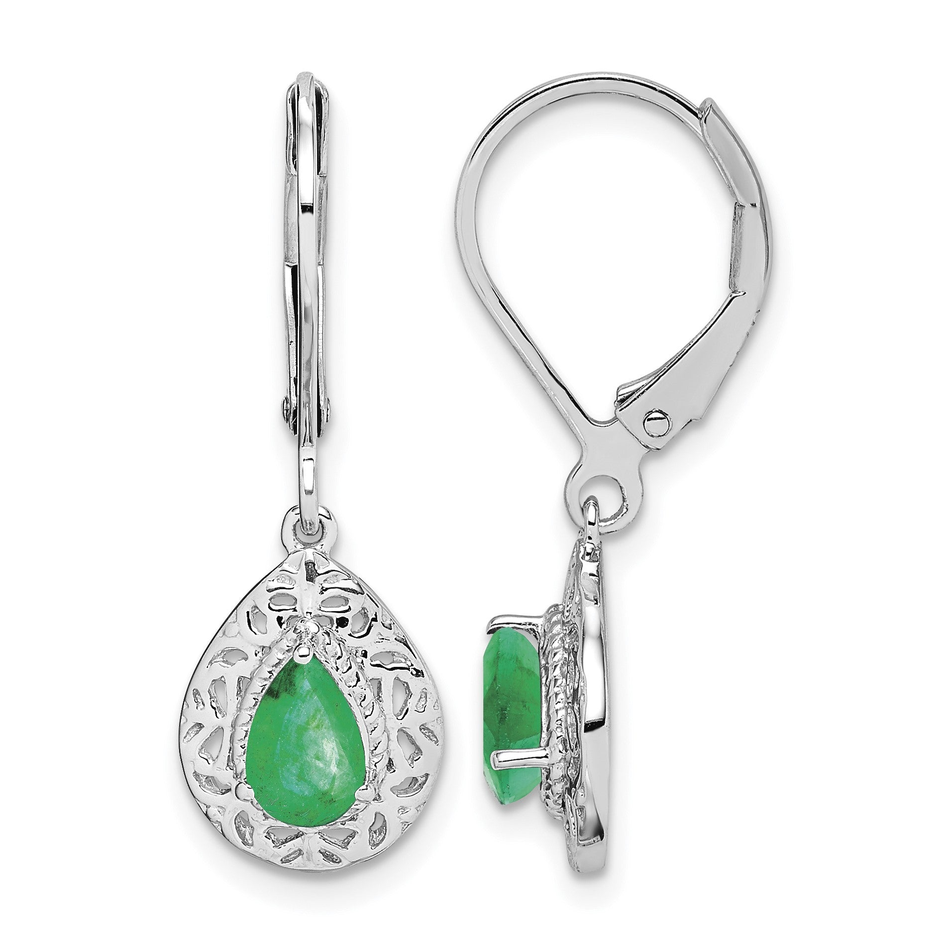 Sterling Silver Rhodium-plated Emerald Teardrop Lever Back Earrings
