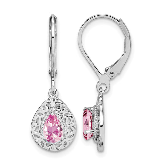 Sterling Silver Rhodium-plated Pink Tourmaline Lever Back Earrings