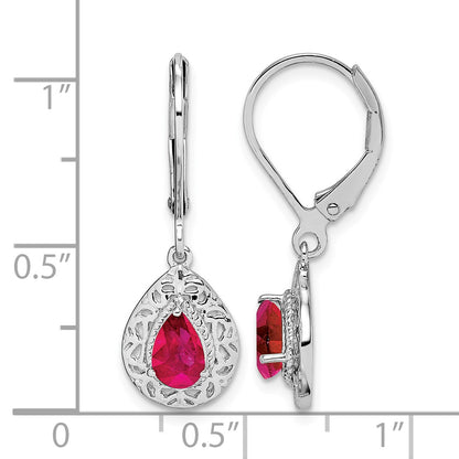 Sterling Silver Rhodium Ruby Teardrop Lever Back Earrings