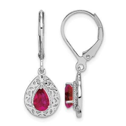 Sterling Silver Rhodium Ruby Teardrop Lever Back Earrings