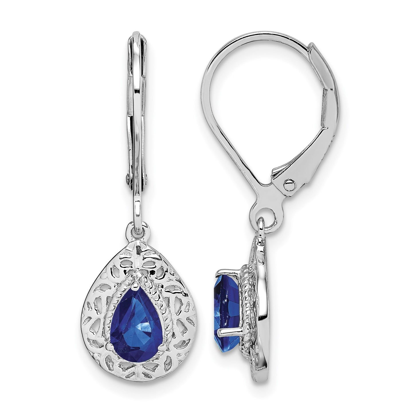 Sterling Silver Rhodium-plated Sapphire Teardrop Lever Back Earrings
