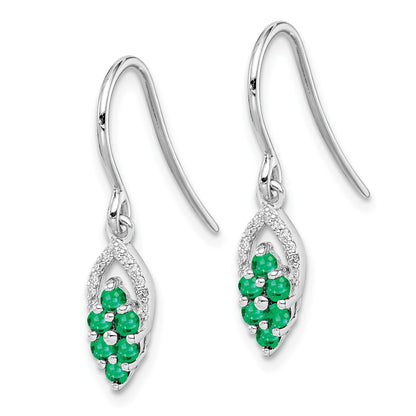 Sterling Silver Rhodium-plated Diam. & Emerald Shepherd Hook Earrings