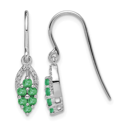 Sterling Silver Rhodium-plated Diam. & Emerald Shepherd Hook Earrings
