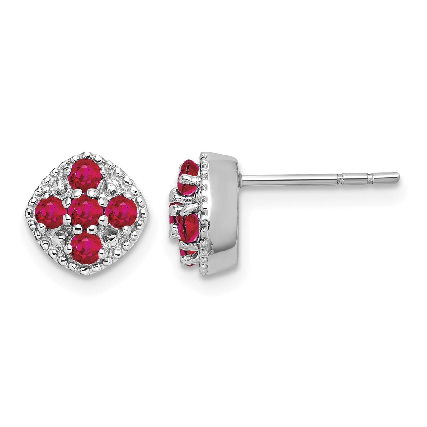Sterling Silver Rhodium-plated Ruby Flower Post Earrings
