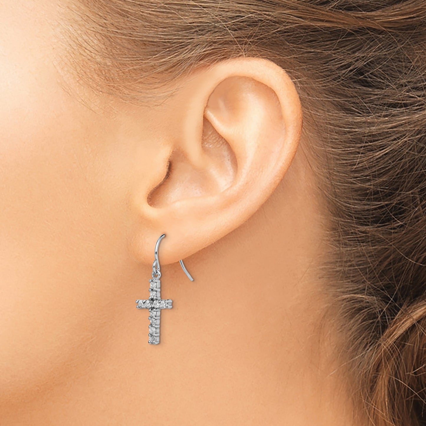 Sterling Silver Rhodium-plated Polished CZ Latin Cross Dangle Earrings