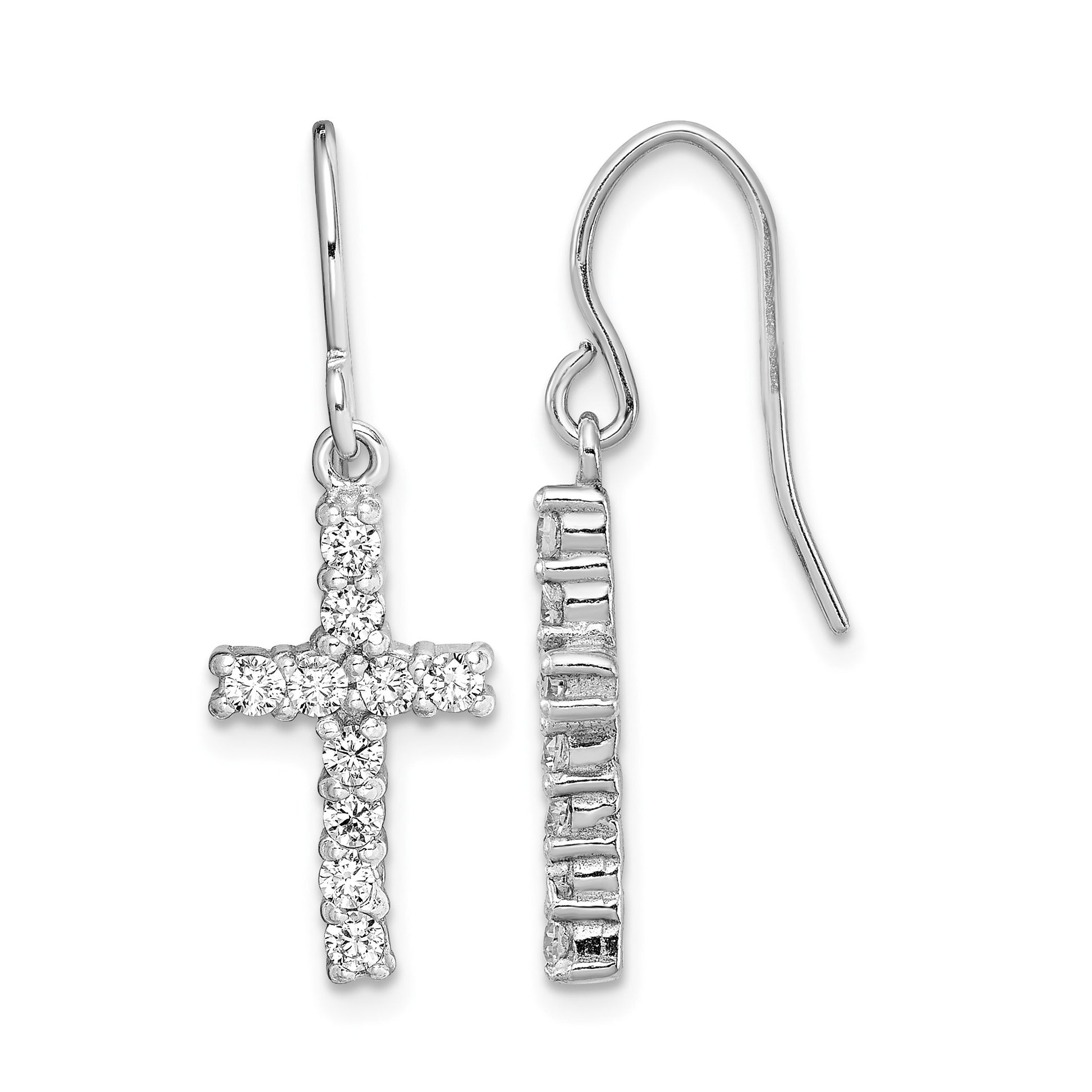 Sterling Silver Rhodium-plated Polished CZ Latin Cross Dangle Earrings