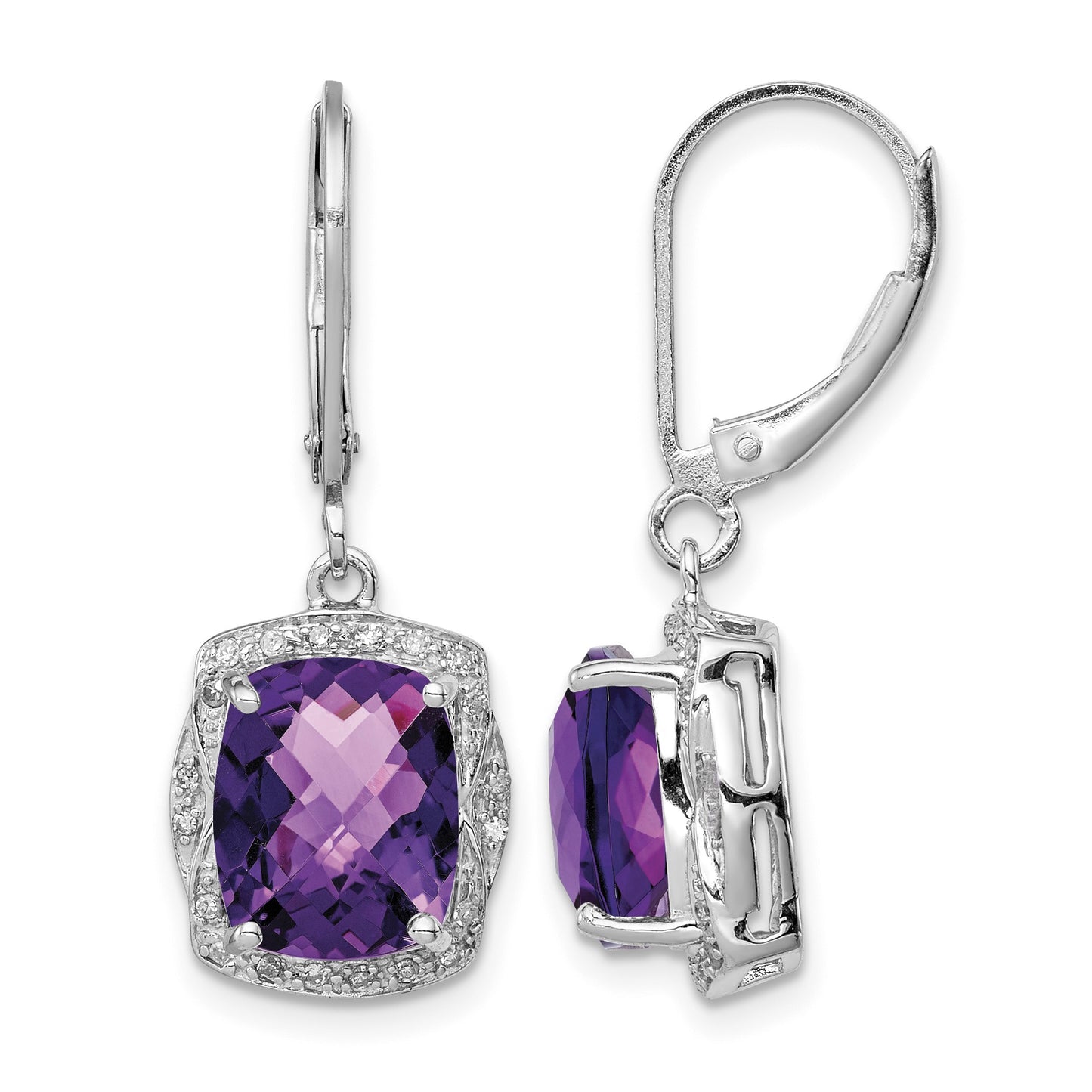 Sterling Silver Rhodium-plated Diamond and Amethyst Earrings