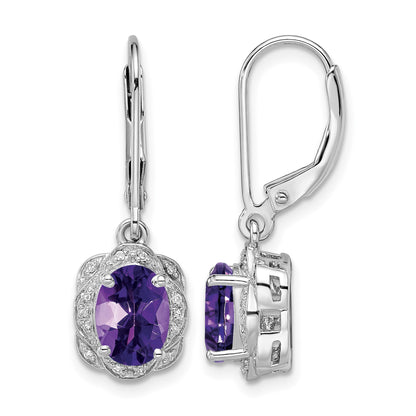 Sterling Silver Rhodium-plated Diamond and Amethyst Earrings