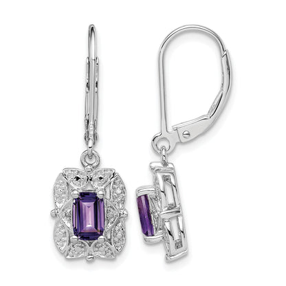 Sterling Silver Rhodium-plated Diamond and Amethyst Earrings