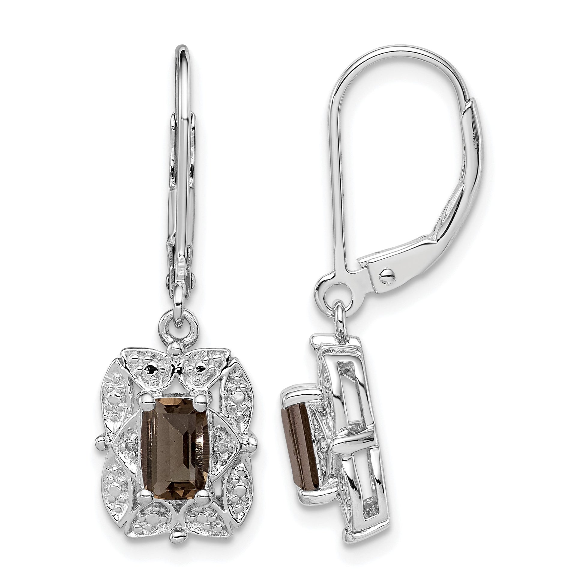 Sterling Silver Rhodium-plated Diamond and Smoky Quartz Earrings