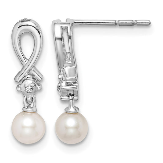 Sterling Silver Rhodium-plated FW Cultured Pearl Diamond Earrings