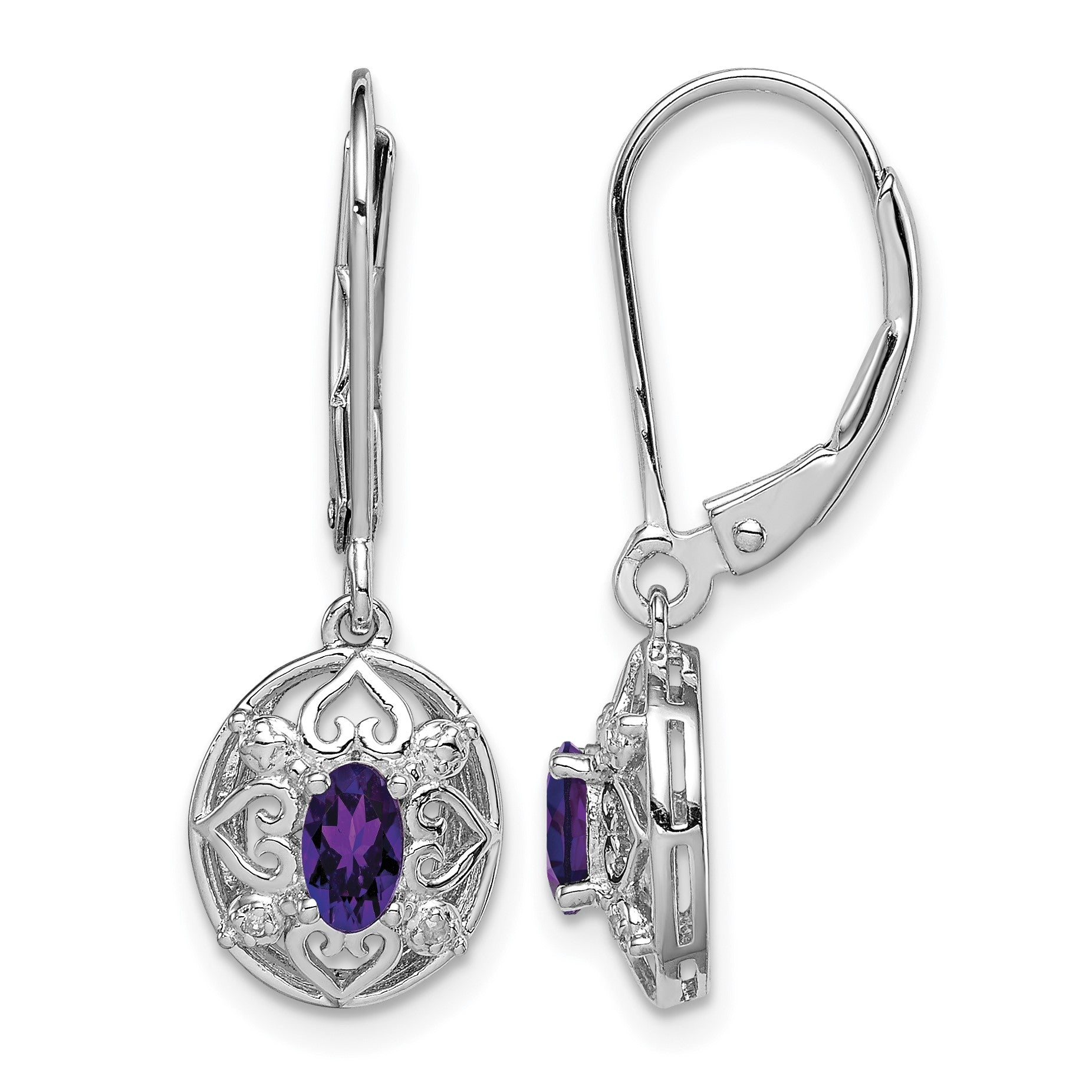 Sterling Silver Rhodium-plated Amethyst and Diamond Earrings