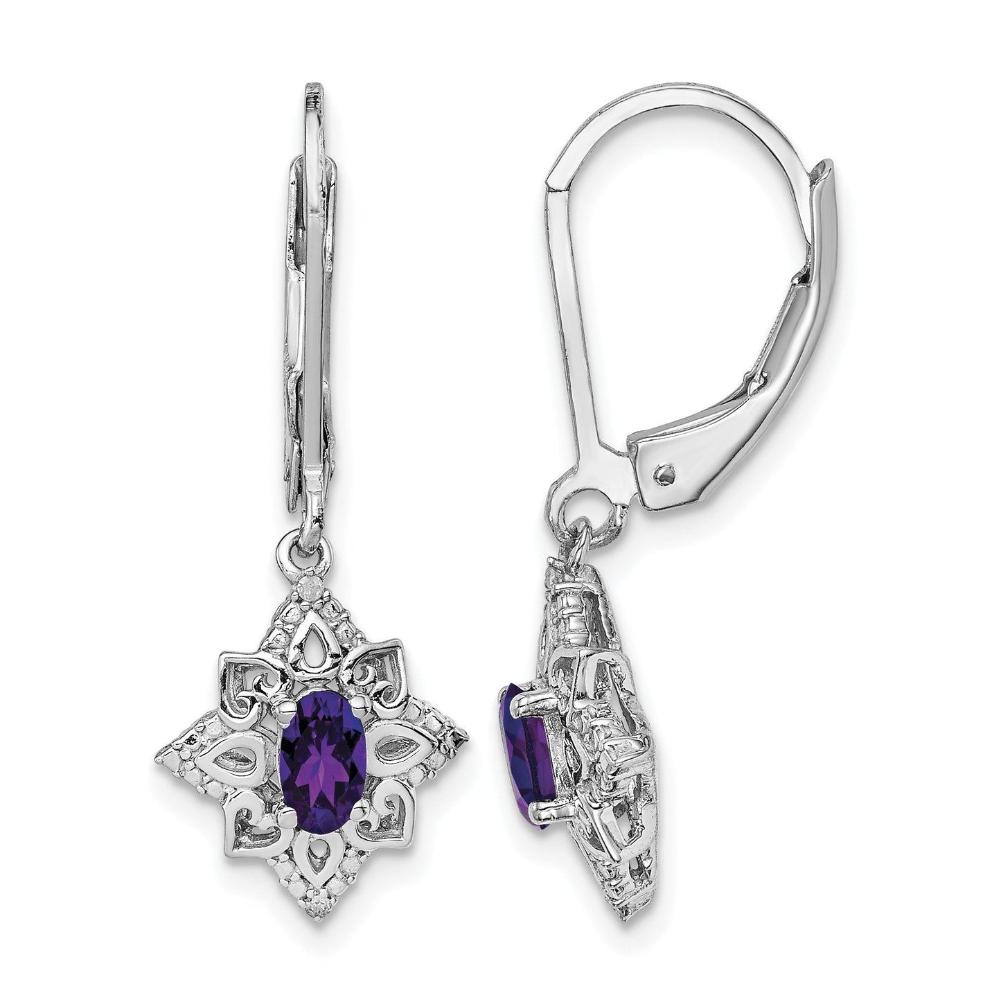 Sterling Silver Rhodium-plated Amethyst and Diamond Earrings