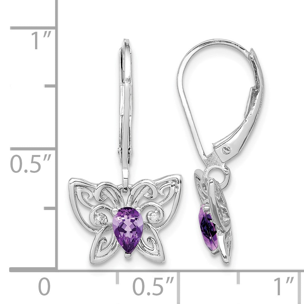 Sterling Silver Rhodium-plated Amethyst and Diamond Butterfly Earrings