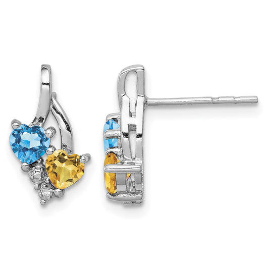 Sterling Silver Rhodium-plated Blue Topaz and Citrine Diamond Earrings