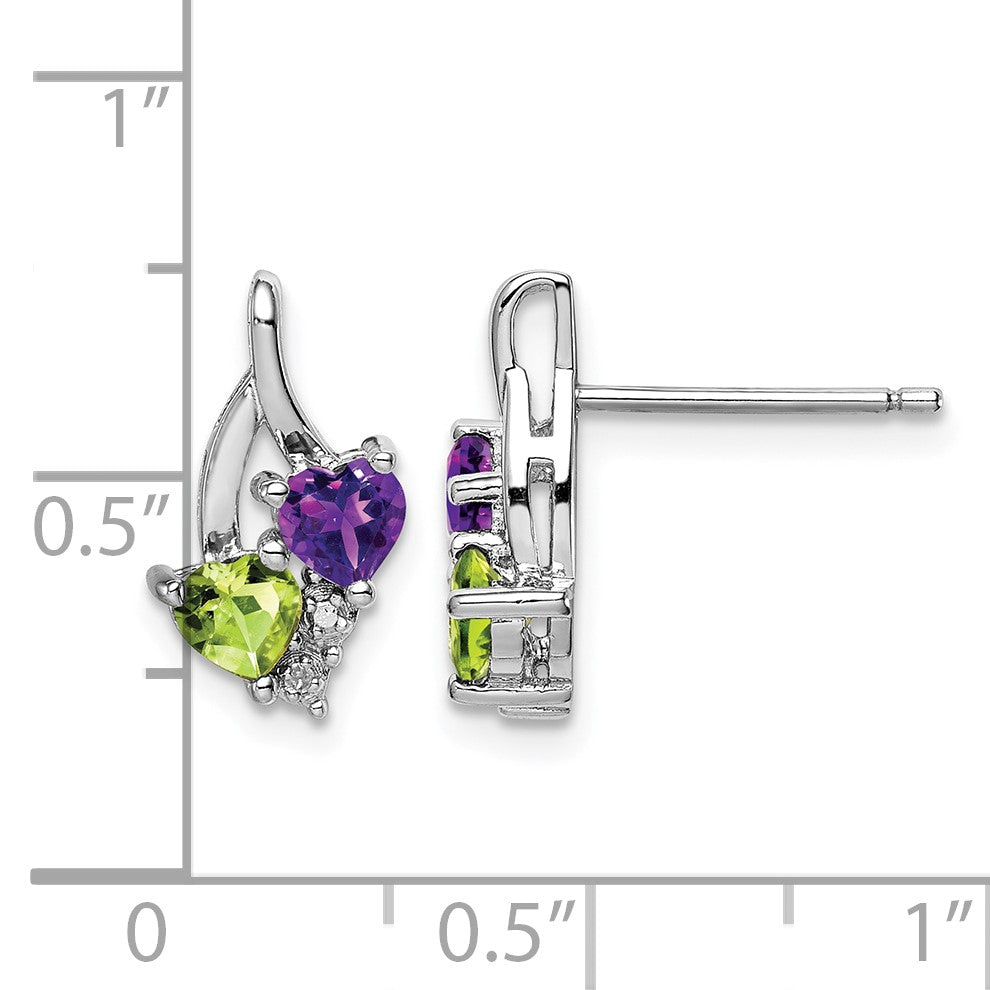 Sterling Silver Rhodium-plated Amethyst Peridot Diamond Earrings