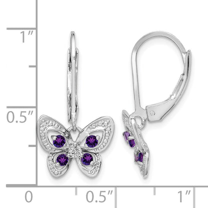Sterling Silver Rhodium-plated Amethyst and Diamond Butterfly Earrings