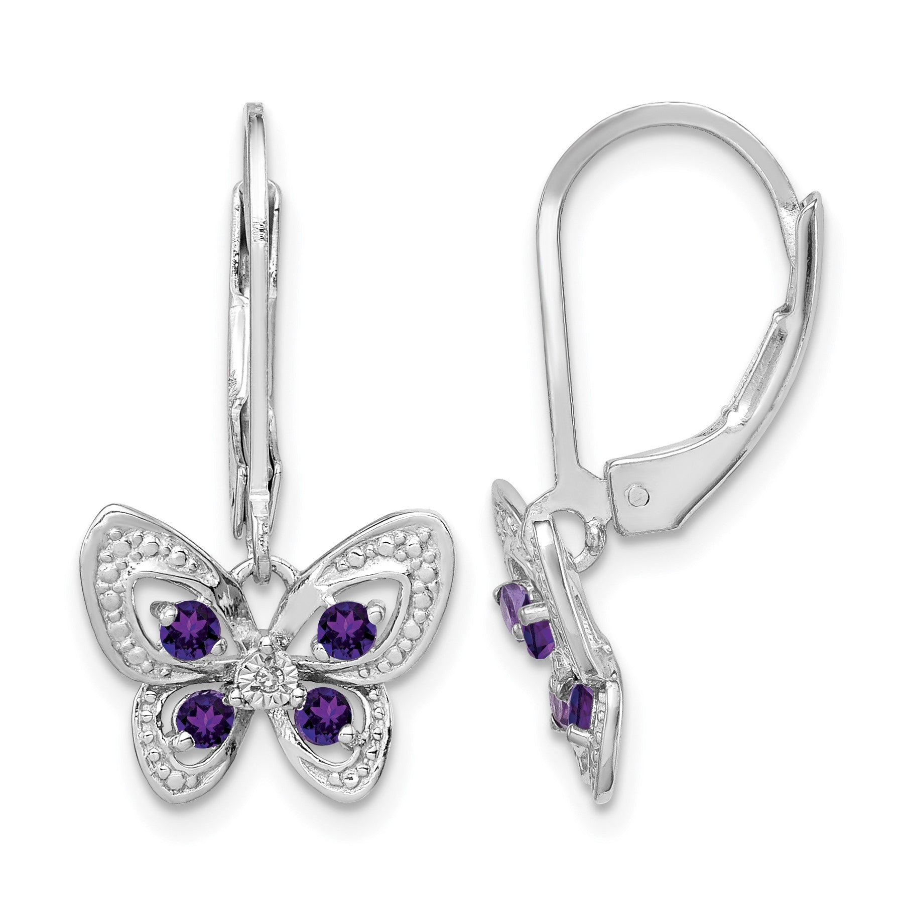 Sterling Silver Rhodium-plated Amethyst and Diamond Butterfly Earrings