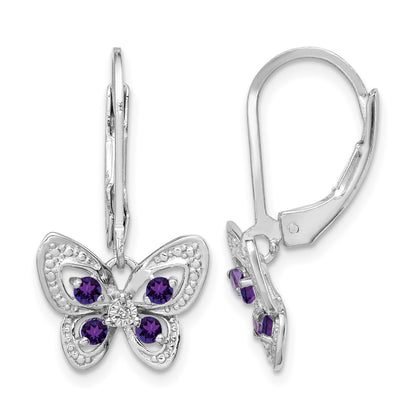 Sterling Silver Rhodium-plated Amethyst and Diamond Butterfly Earrings