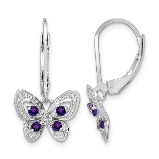 Sterling Silver Rhodium-plated Amethyst and Diamond Butterfly Earrings
