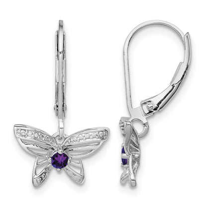 Sterling Silver Rhodium-plated Amethyst and Diamond Butterfly Earrings