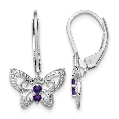 Sterling Silver Rhodium-plated Amethyst and Diamond Butterfly Earrings