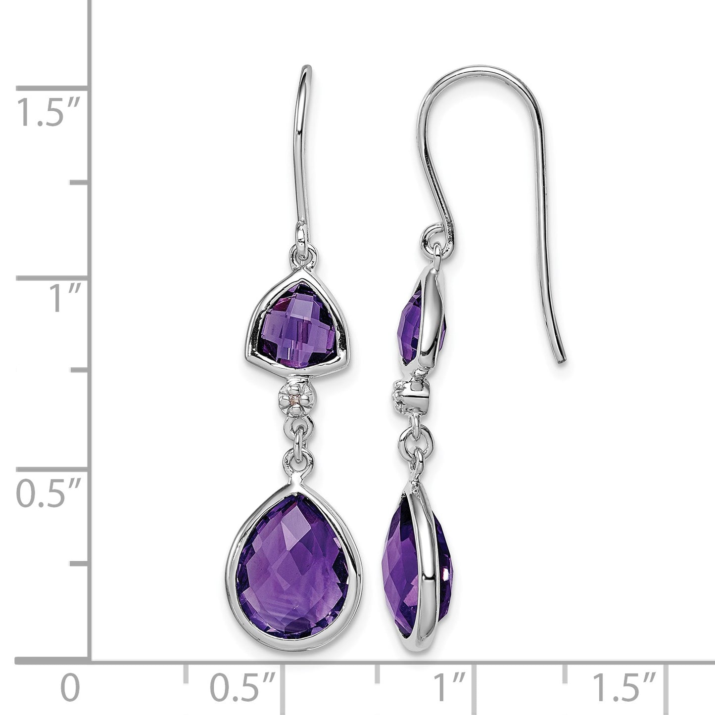 Sterling Silver Rhodium Plated Diamond and Amethyst Dangle Earrings