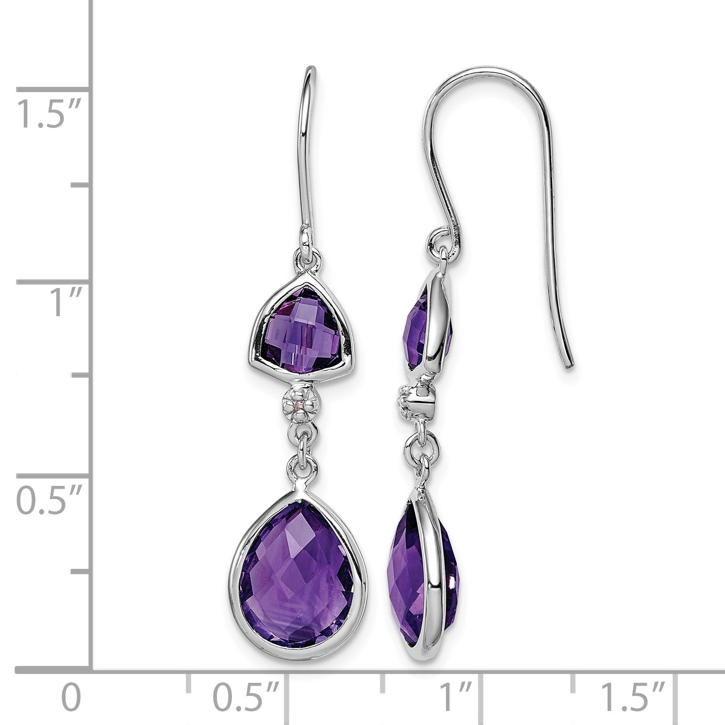 Sterling Silver Rhodium Plated Diamond and Amethyst Dangle Earrings