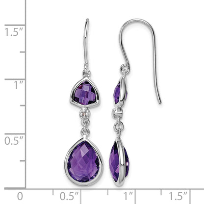 Sterling Silver Rhodium Plated Diamond and Amethyst Dangle Earrings