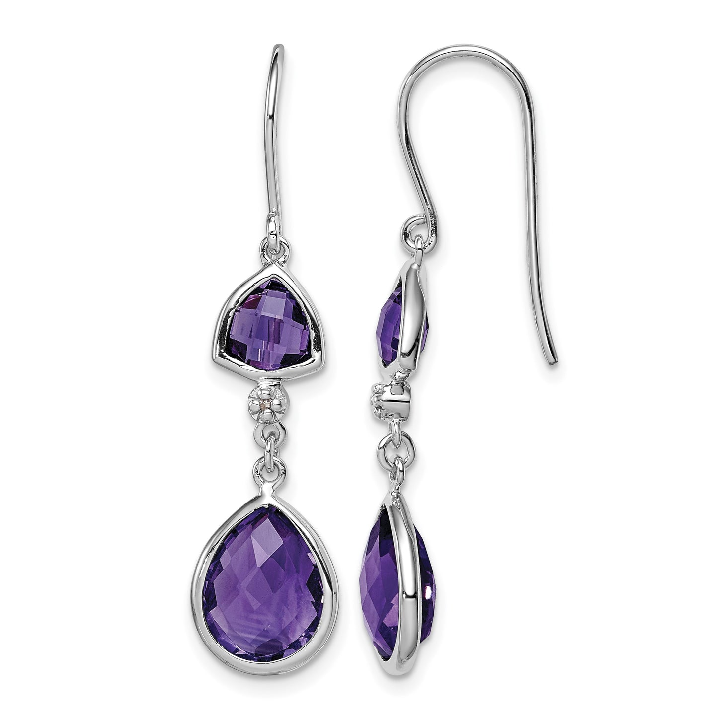Sterling Silver Rhodium Plated Diamond and Amethyst Dangle Earrings