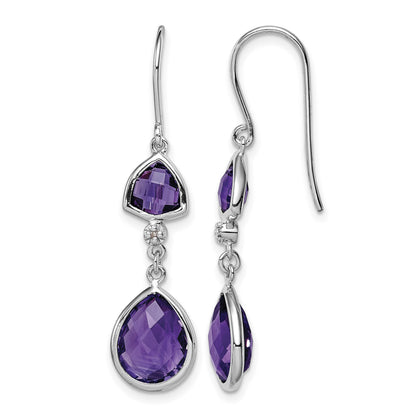 Sterling Silver Rhodium Plated Diamond and Amethyst Dangle Earrings