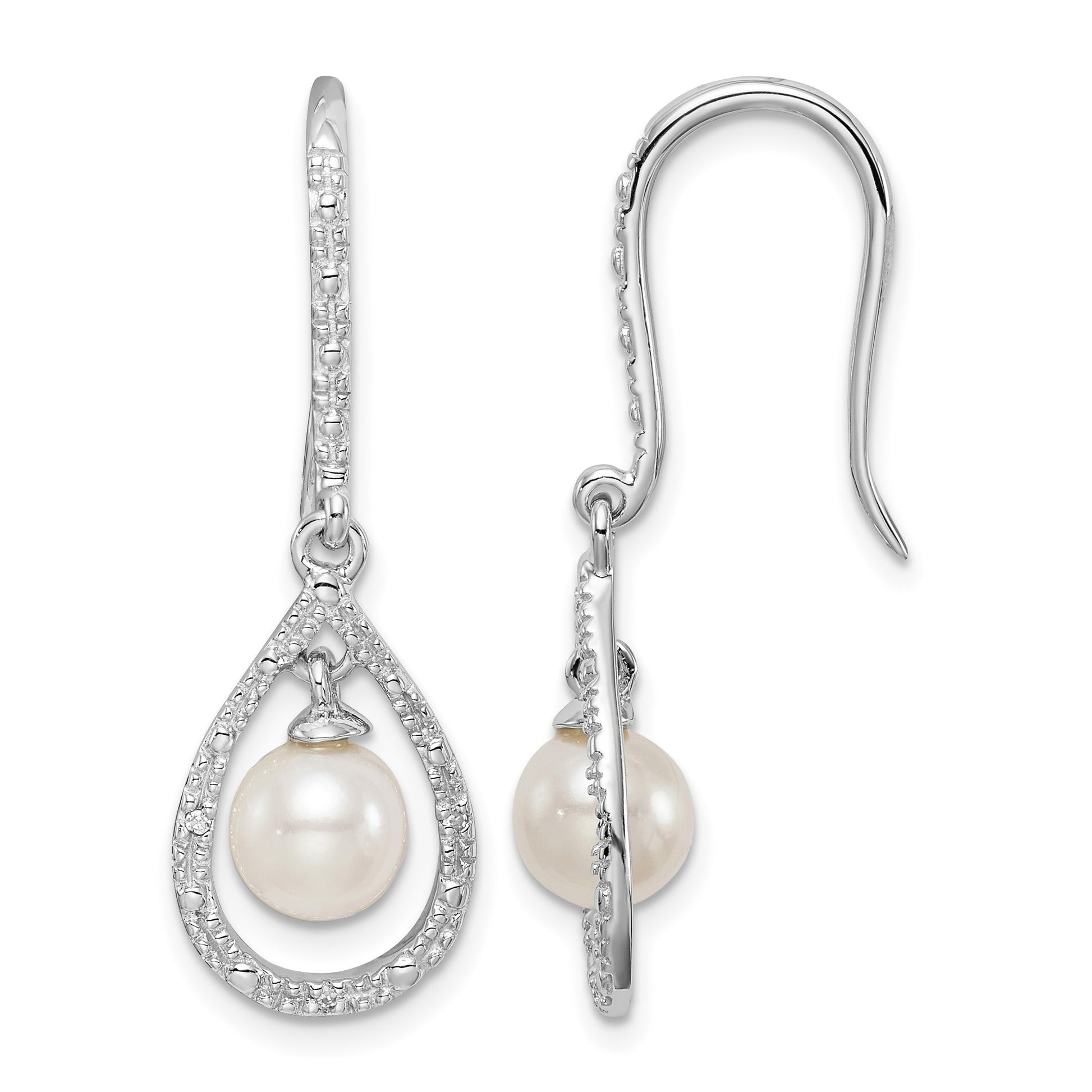 Sterling Silver Rhod Plated Dia. and FW Cultured Pearl Dangle Ear