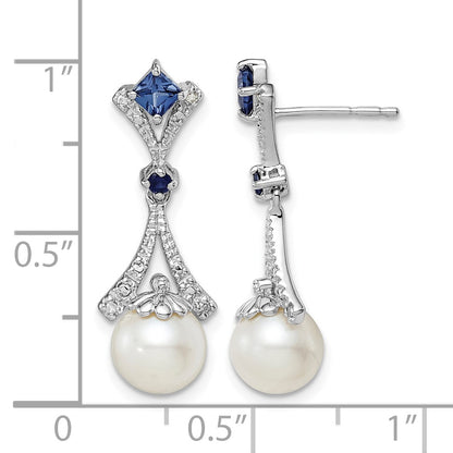 Sterling Silver Rhod Plated Dia. FW Cultured Pearl/Cr. Sapphire Ear