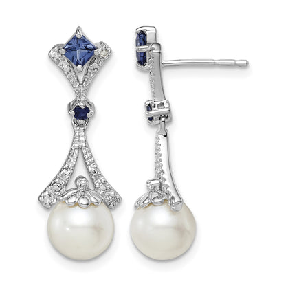 Sterling Silver Rhod Plated Dia. FW Cultured Pearl/Cr. Sapphire Ear