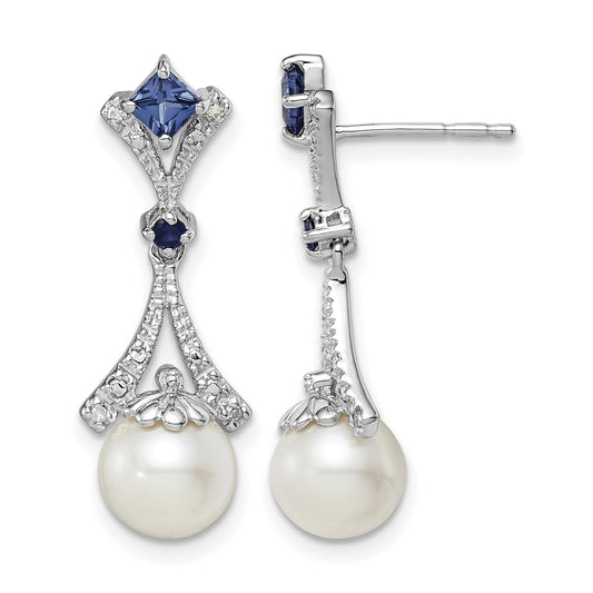 Sterling Silver Rhod Plated Dia. FW Cultured Pearl/Cr. Sapphire Ear