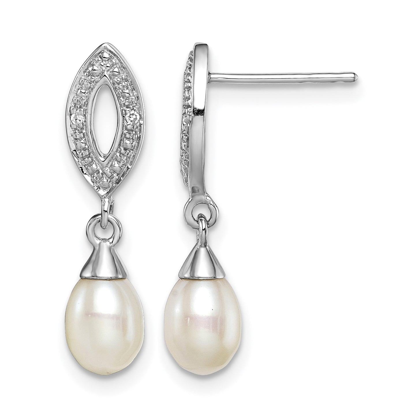 Sterling Silver Rhod Plated Diamond and FW Cultured Pearl Post Ear