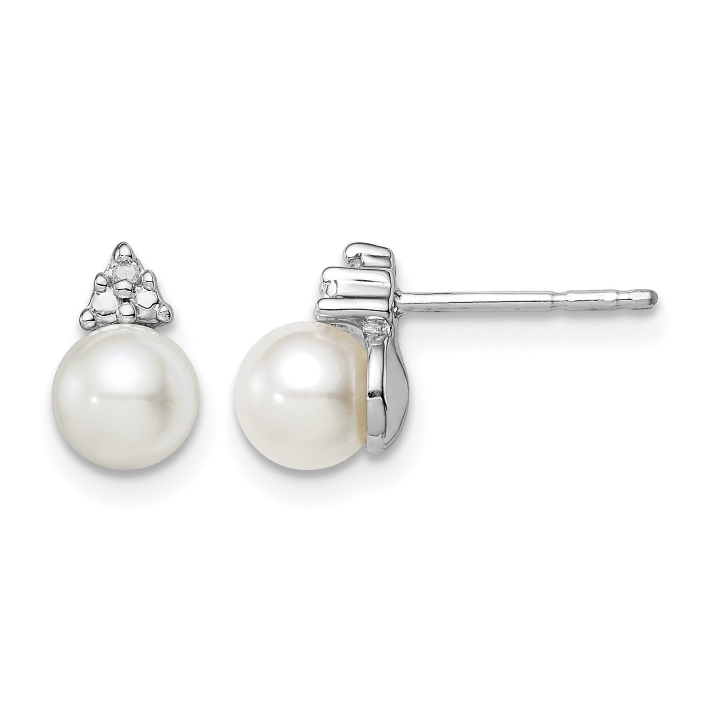 Sterling Silver Rhod Plated Diamond and FW Cultured Pearl Post Ear