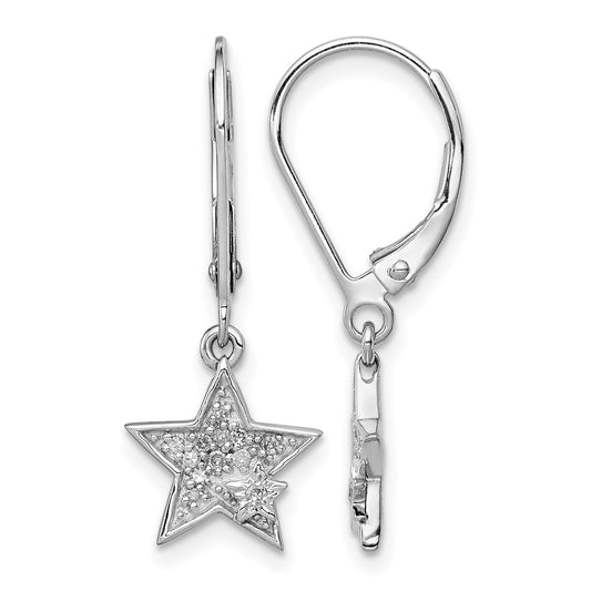 Sterling Silver Rhodium Plated Diamond Star Leverback Earrings