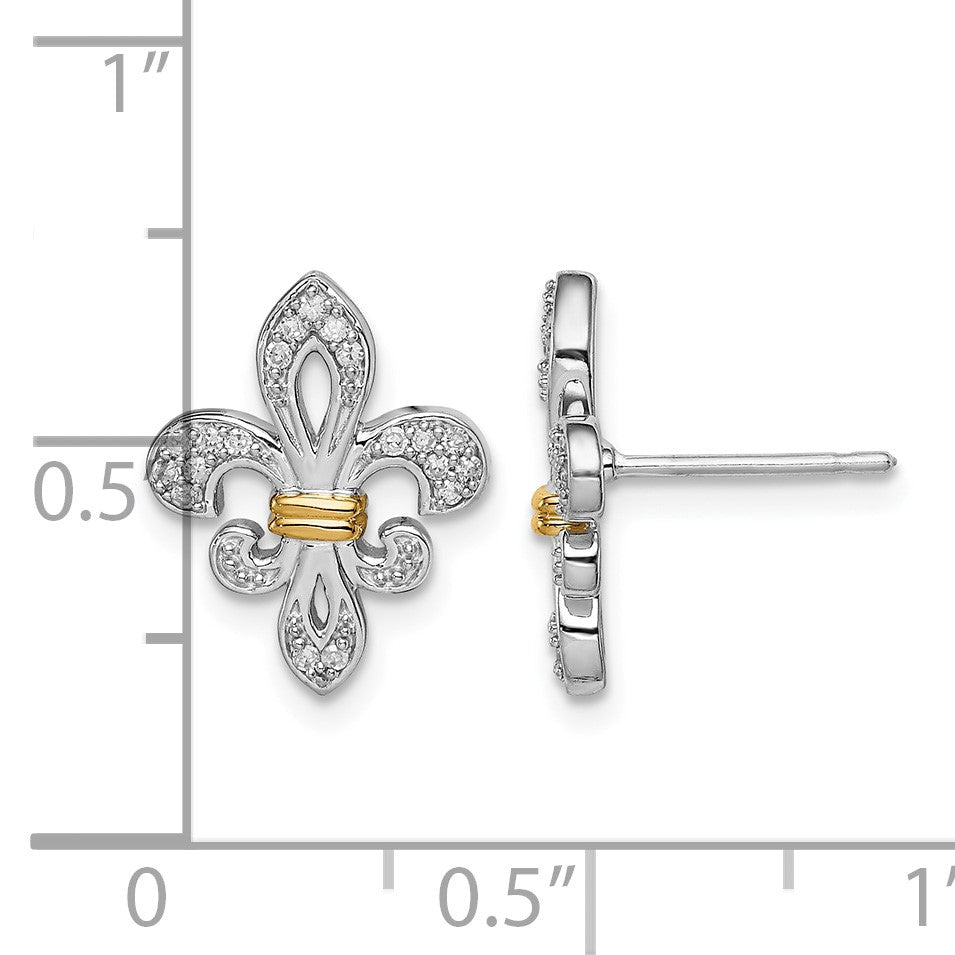 Sterling Silver Rhodium & 14k Yellow Gold Diam. Fleur de Lis Post Earrings